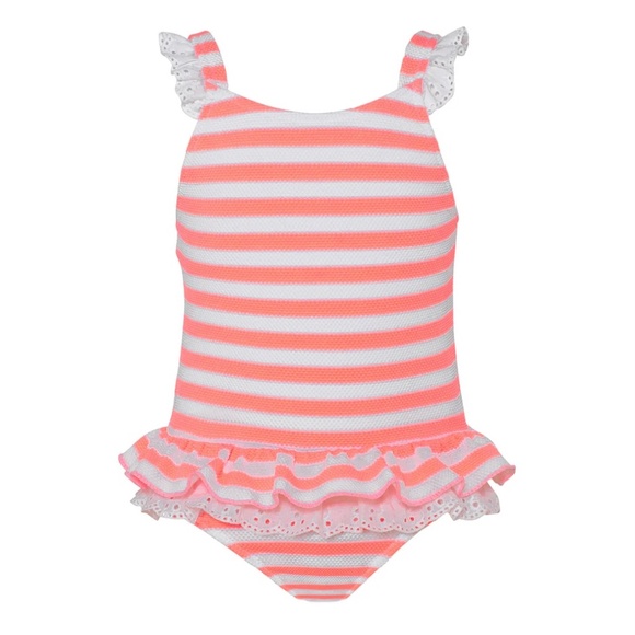 Sunuva Swimming Suit, 18-24 M, Sherbet Pink Striped Textured, Bow, Eyelet Ruffle - Picture 1 of 5